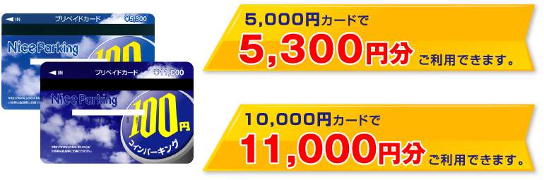 5,000円のカードで5,300円分ご利用できます。10,000円のカードで11,000円分利用出来できます。